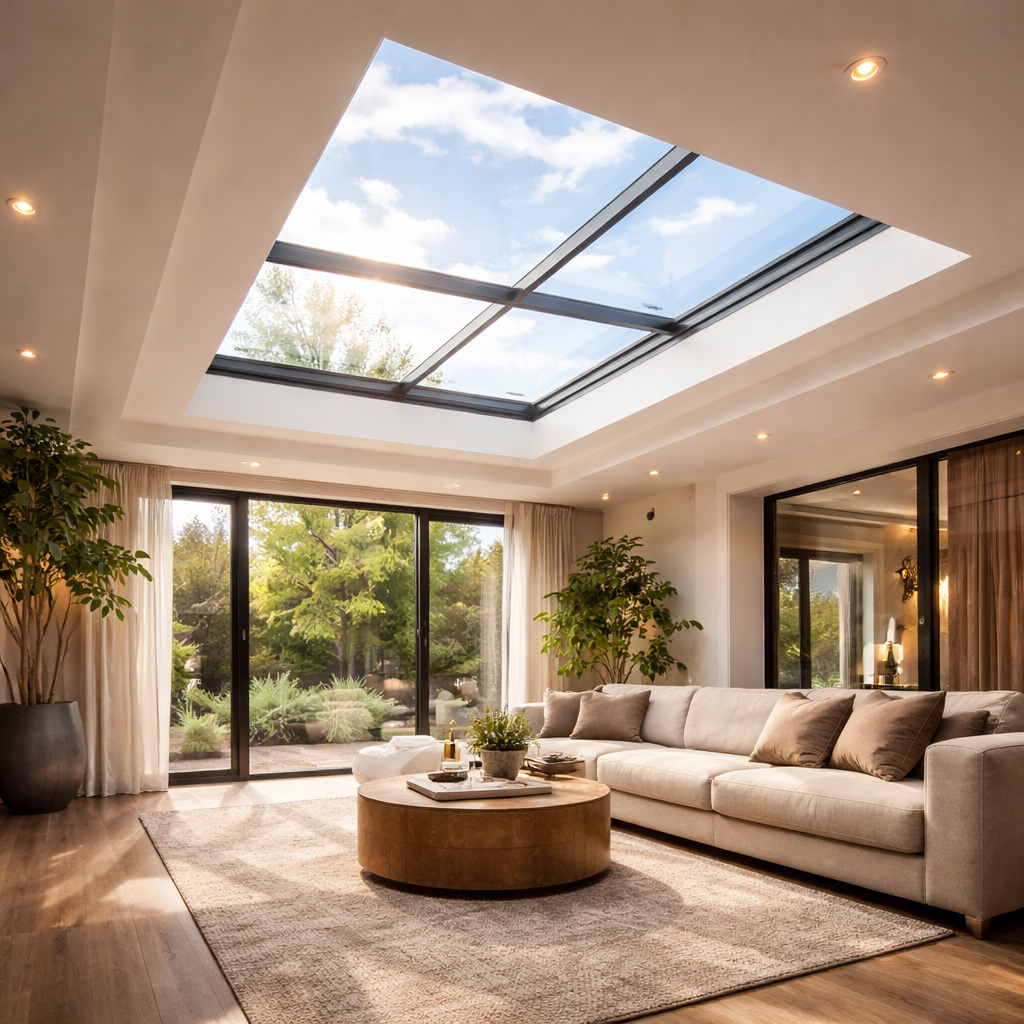 bright living room with skylight view