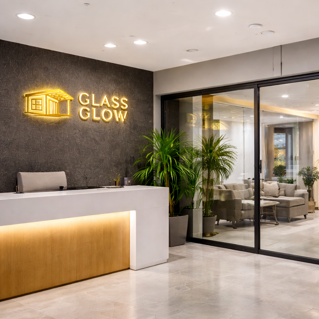 modern reception with glowing logo