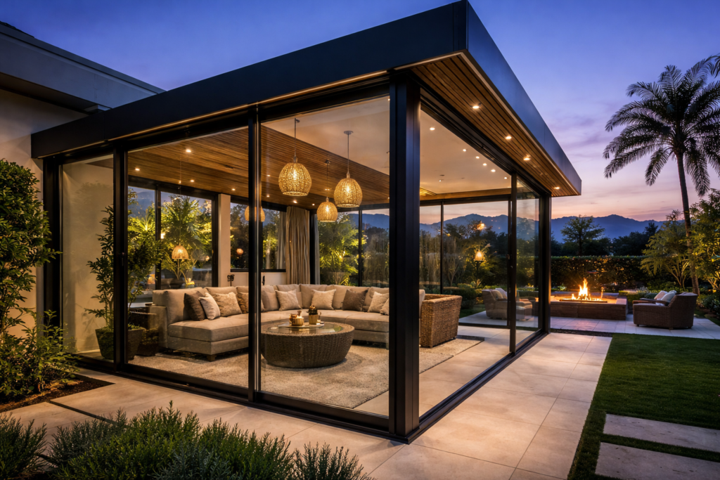 twilight retreat with cozy glass extension